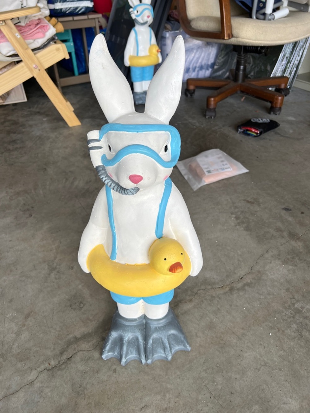 White Bunny with Blue Snorkel Mask and Yellow Duck Float